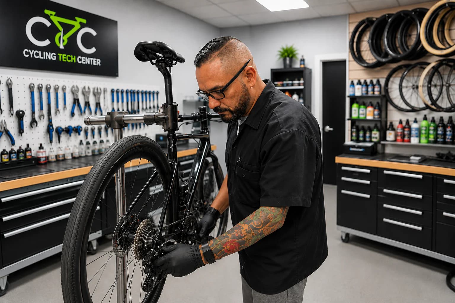 A Cycling Tech Center mechanic servicing a performance bicycle in the workshop.